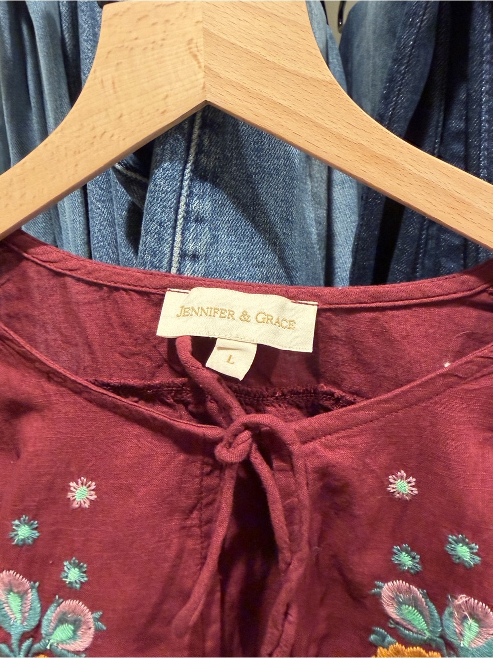 NWOT Embroidered Tie-Front Blouse in Wine - Picture 2 of 3